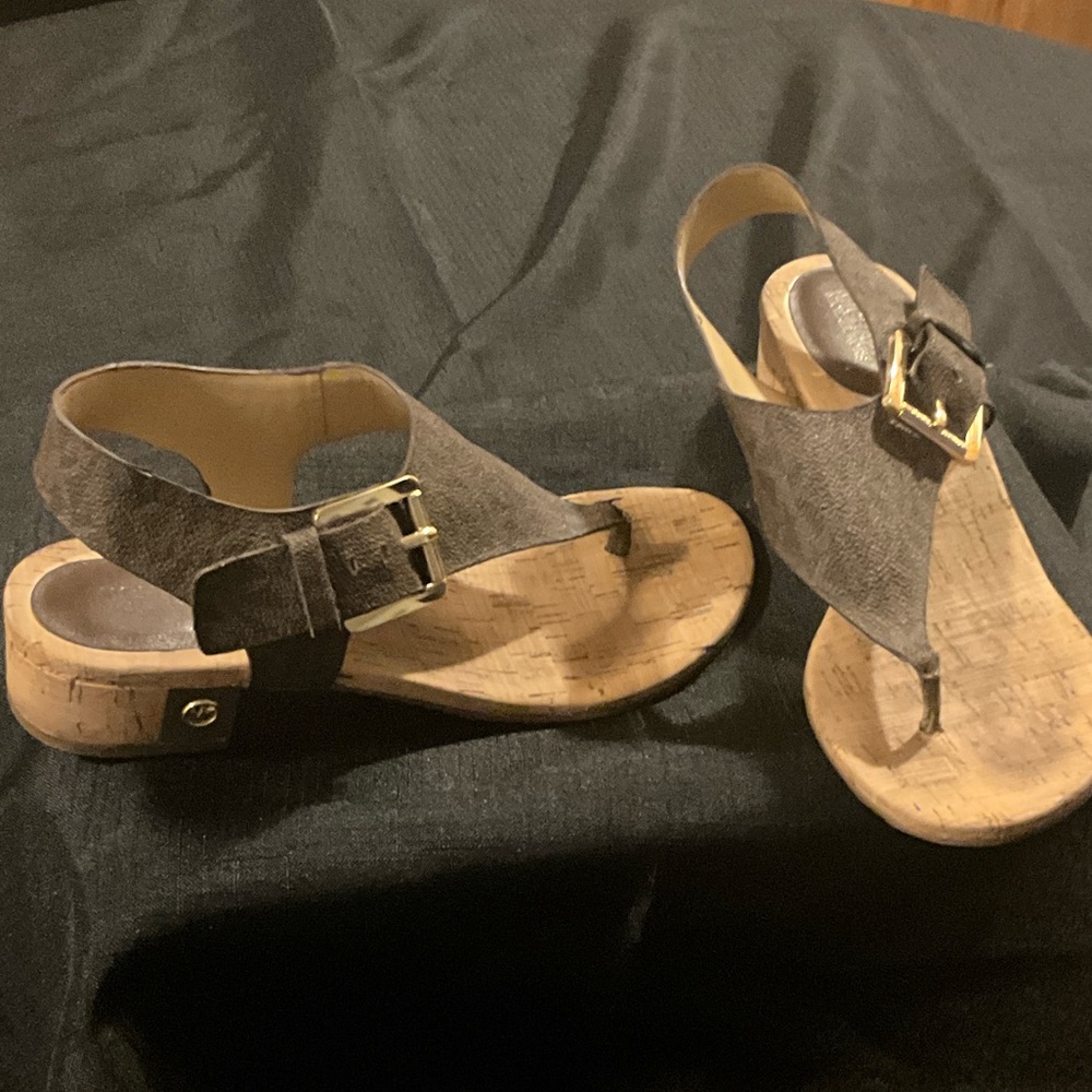 Michael Kors Brown Cork Sandals with Gold Buckle